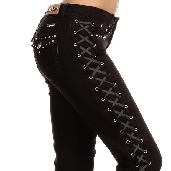 Platinum Plush Denim - Lace Up Rhinestone Sexy Black Biker Jeans